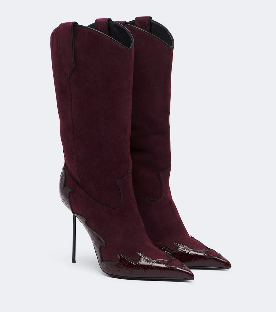 Paris Texas Lidia Queen of Hearts suede mid-calf boots (Burgundy) - Knee-high Boots