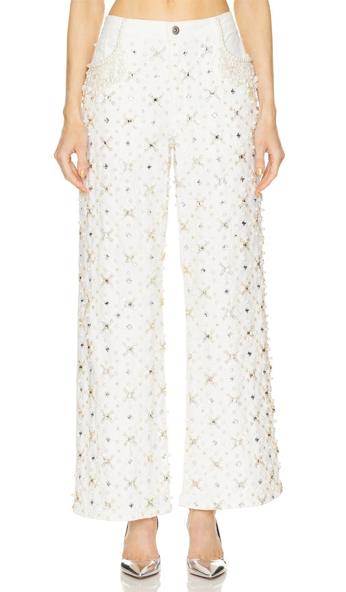 PatBO Beaded Wide Leg in White - PatBO, jambe large perlée, blanc - PatBO 白色串珠阔腿裤 - PatBO Perlen-weites Bein in Weiß - PatBO 비즈 와이드 레그 화이트 색상 - Gamba larga con perline PatBO in bianco