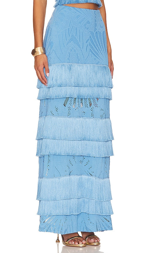 PatBO Fringe Lace Maxi Skirt in Blue
