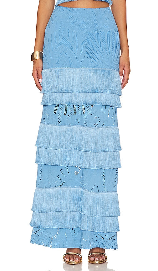 PatBO Fringe Lace Maxi Skirt in Blue - PatBO - Jupe longue en dentelle à franges en bleu - PatBO 蓝色流苏蕾丝长裙 - PatBO Fransen-Spitzen-Maxirock in Blau - PatBO 프린지 레이스 맥시 스커트블루 색상 - Gonna lunga in pizzo con frange PatBO in blu