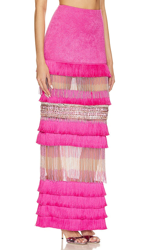 PatBO Hand Beaded Fringe Maxi Skirt in Pink