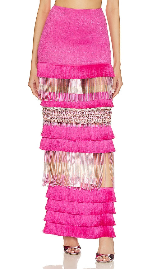 PatBO Hand Beaded Fringe Maxi Skirt in Pink - PatBO Jupe longue à franges perlées à la main en rose - PatBO 粉色手工串珠流苏超长裙 - PatBO Handperlenbesetzter Fransen-Maxirock in Rosa - PatBO 핸드 비즈 프린지 맥시 스커트 핑크 색상 - Gonna lunga con frange e perline realizzate a mano PatBO in rosa