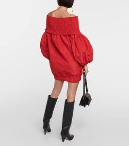 Patou Smocked off-shoulder crêpe minidress