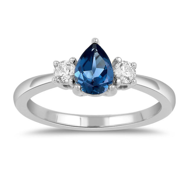 Pear Blue Sapphire and 1/4ctw Lab Grown Diamond White Gold Ring - Size 5