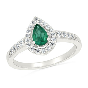 Pear Created Emerald and Created White Sapphire Halo Promise Ring - Size 4.5