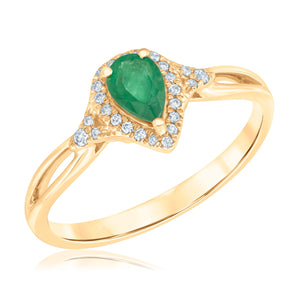 Pear Emerald and 1/10ctw Diamond Halo Yellow Gold Ring