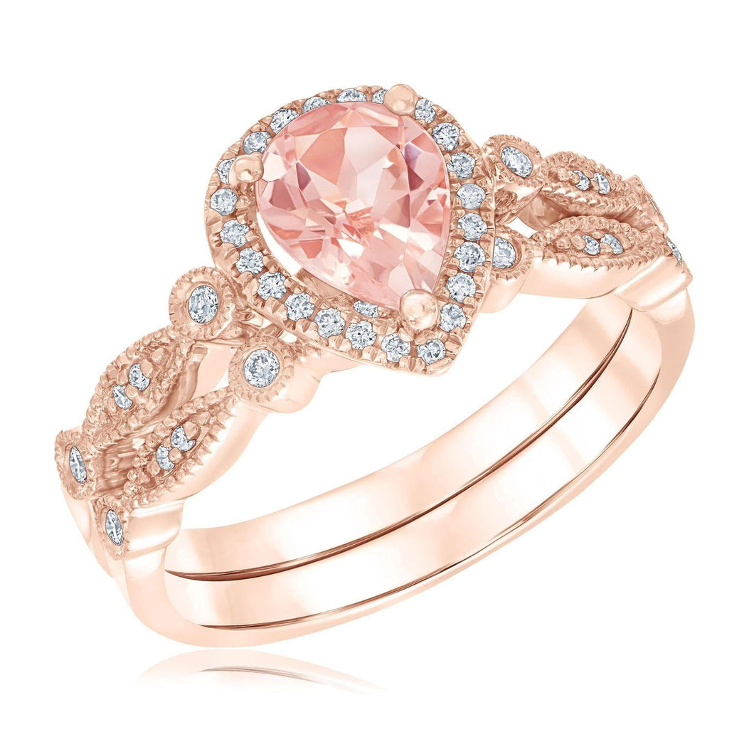 Pear Morganite 1/5ctw Diamond Rose Gold Engagement and Wedding Ring Bridal Set | Glow Collection