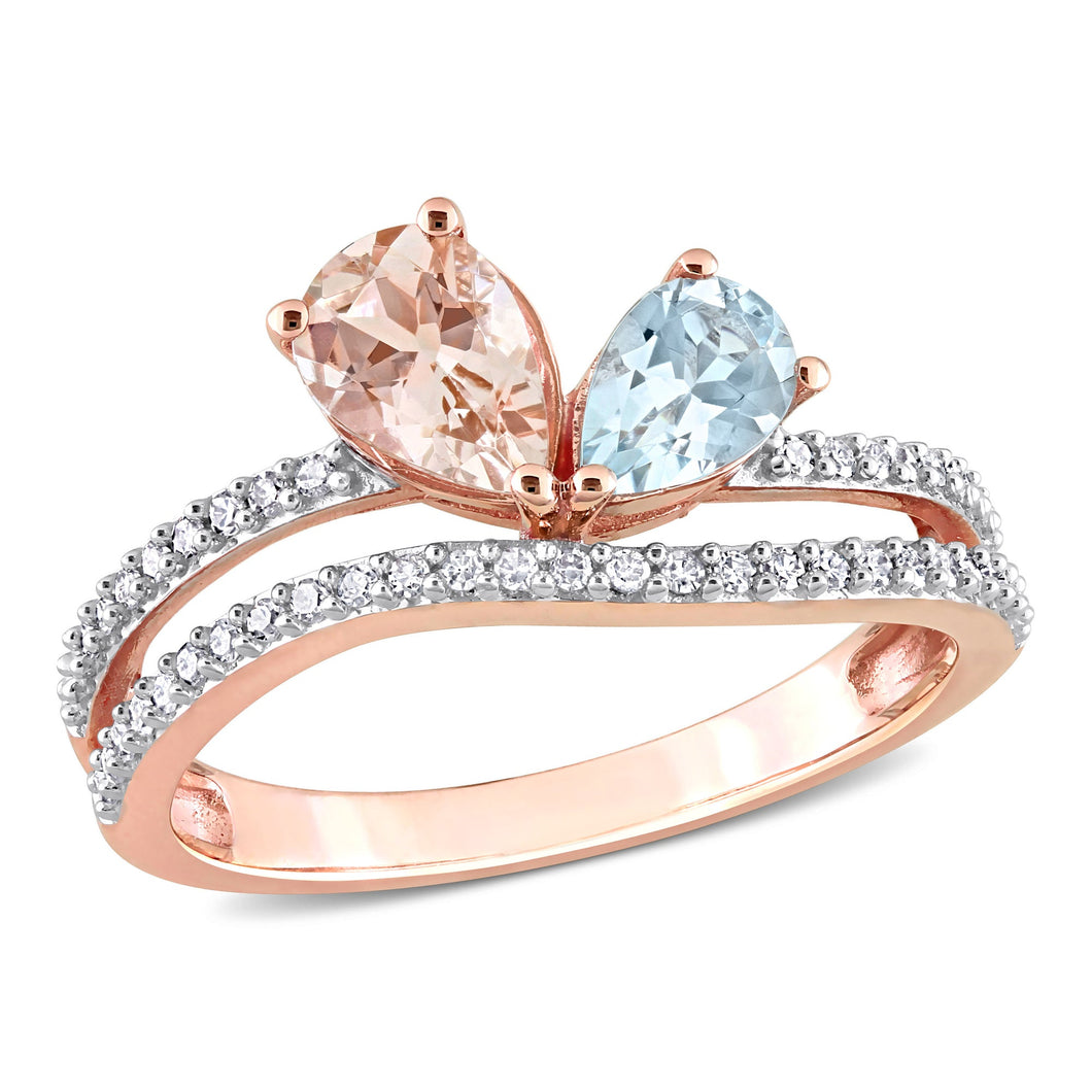 Pear Morganite, Aquamarine, and 1/4ctw Diamond Rose Gold Double Row Ring - Size 5