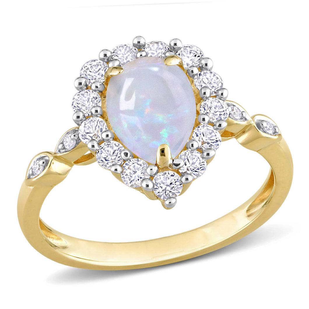 Pear Opal, Created White Sapphire, and Diamond Accent Halo Yellow Gold Ring | Size 10
