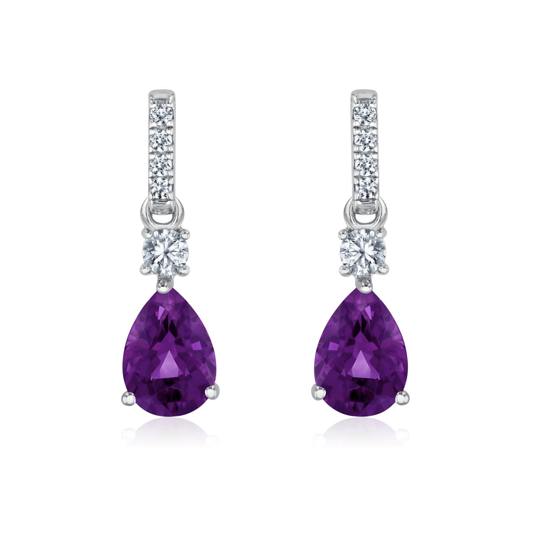 Pear-Shaped Amethyst and Created White Sapphire Sterling Silver Drop Earrings
