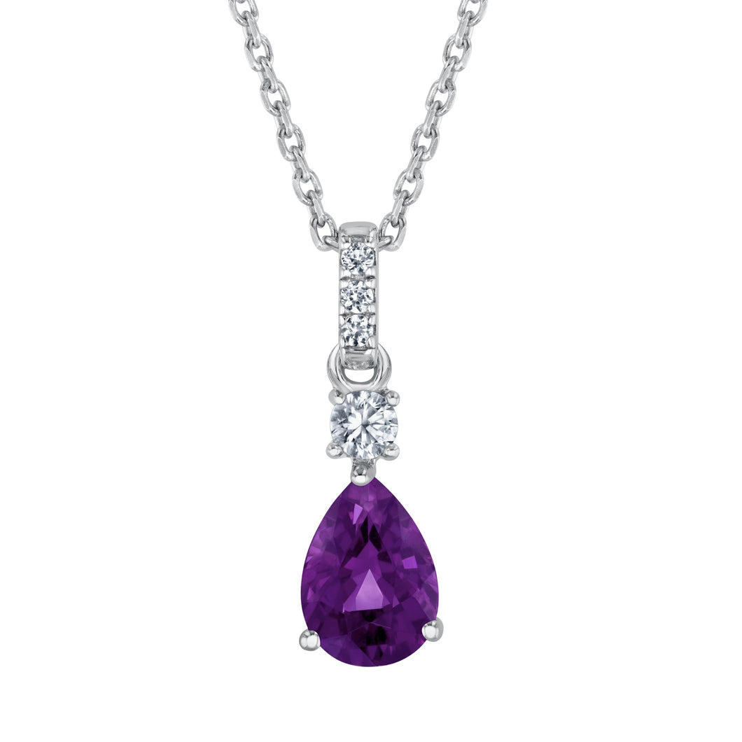 Pear-Shaped Amethyst and Created White Sapphire Sterling Silver Pendant Necklace