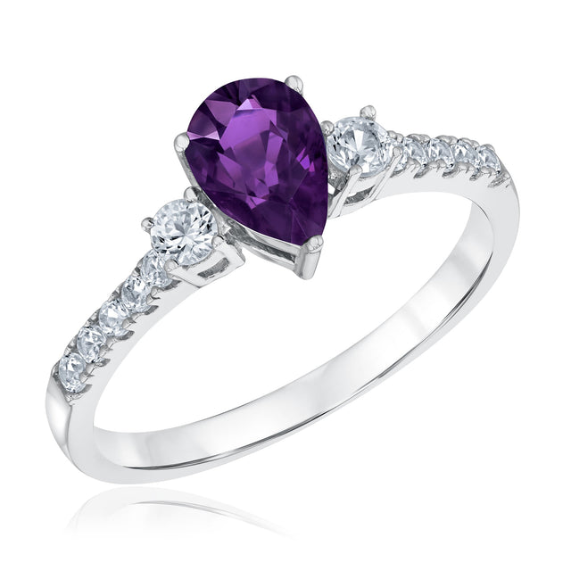 Pear-Shaped Amethyst and Created White Sapphire Sterling Silver Ring