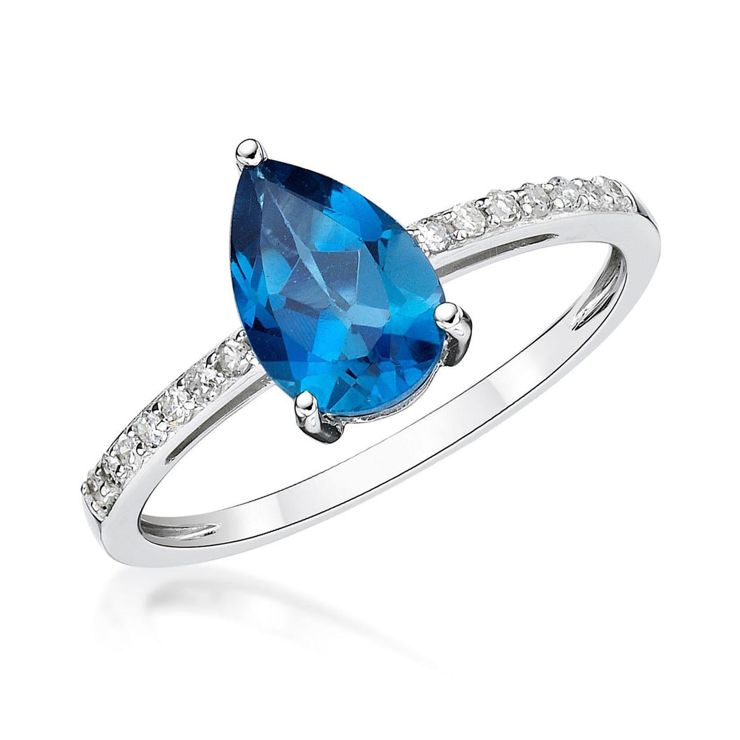 Pear-Shaped London Blue Topaz and Diamond White Gold Ring - Size 6