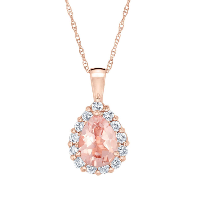 Pear-Shaped Morganite and 1/3ctw Diamond Rose Halo Gold Pendant Necklace - Watercolor Collection