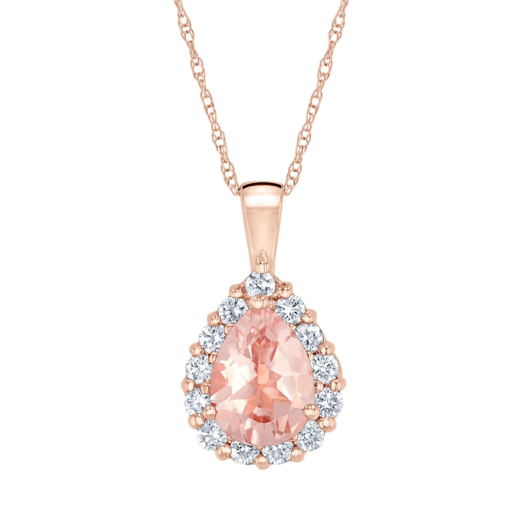 Pear-Shaped Morganite and 1/3ctw Diamond Rose Halo Gold Pendant Necklace - Watercolor Collection