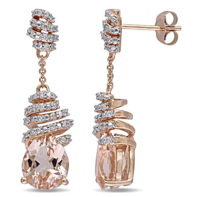 Pear-Shaped Morganite and 1/5ctw Diamond Swirl 14k Rose Gold Drop Earrings