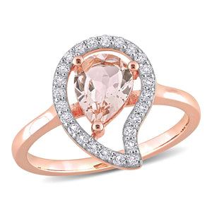 Pear-Shapred Morganite and White Topaz Open Teardrop Rose Plated Sterling Silver Ring - Size 10