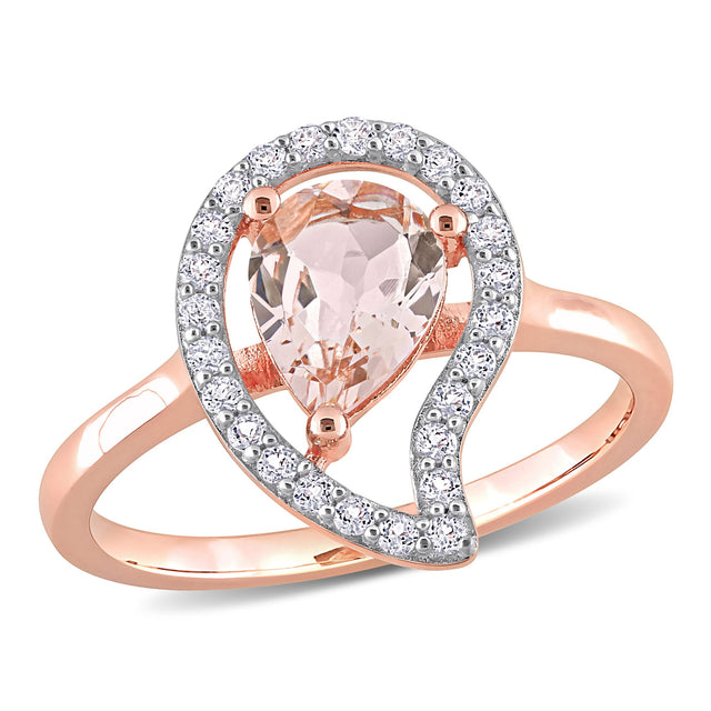 Pear-Shapred Morganite and White Topaz Open Teardrop Rose Plated Sterling Silver Ring - Size 10