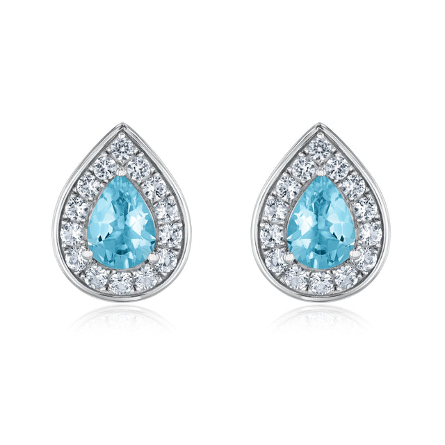 Pear Swiss Blue Topaz and Created White Sapphire Halo Sterling Silver Stud Earrings