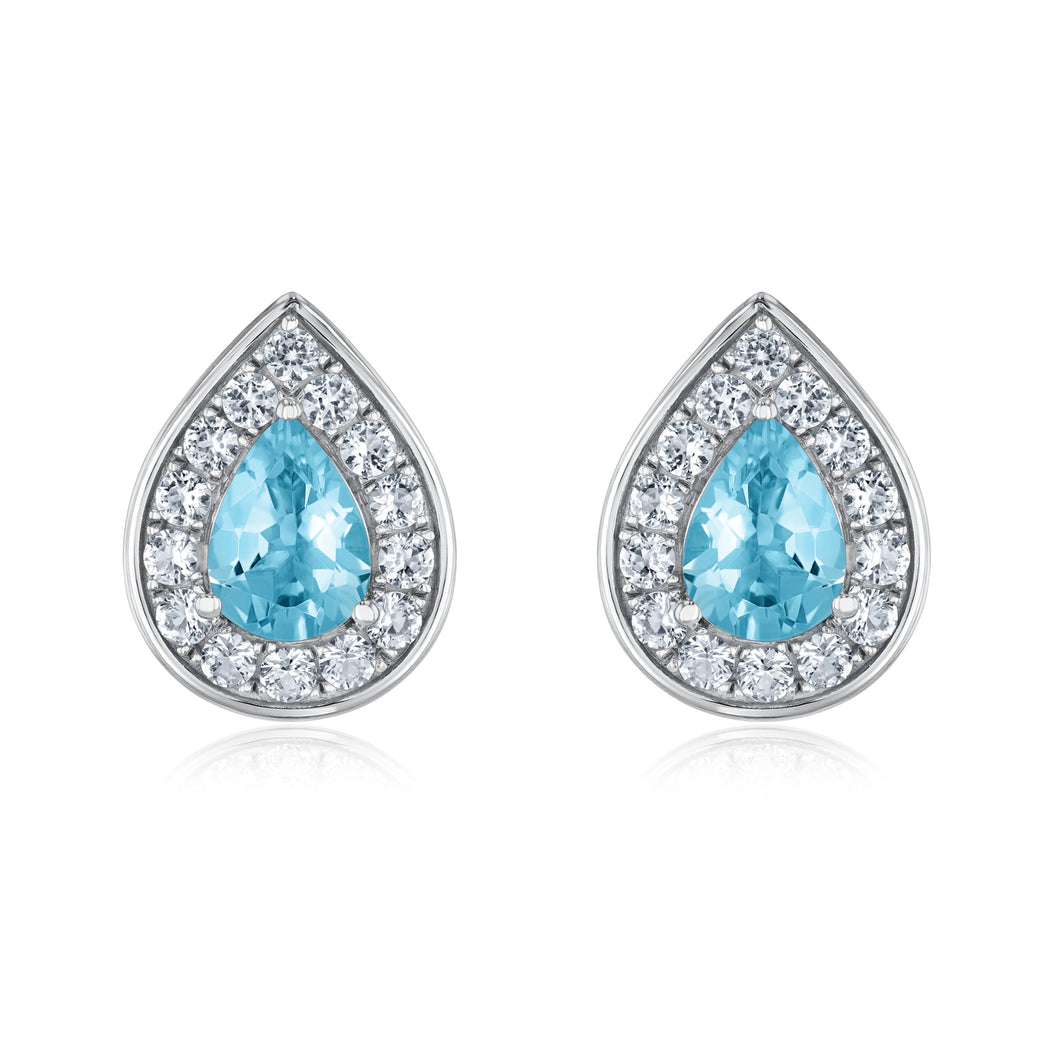 Pear Swiss Blue Topaz and Created White Sapphire Halo Sterling Silver Stud Earrings