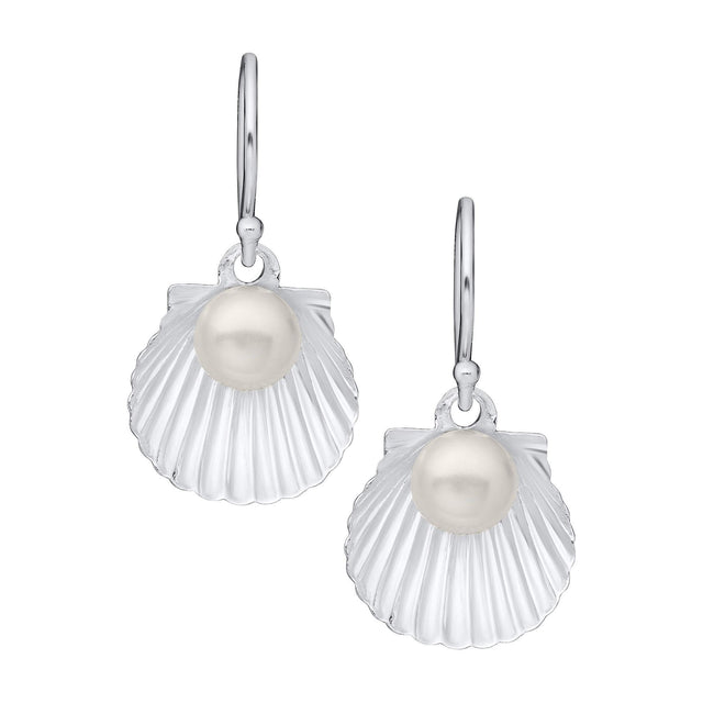 Pearl Scalloped Sea Shell Sterling Silver Drop Earrings