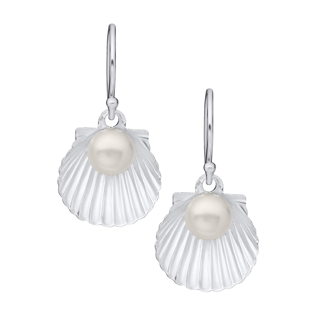 Pearl Scalloped Sea Shell Sterling Silver Drop Earrings