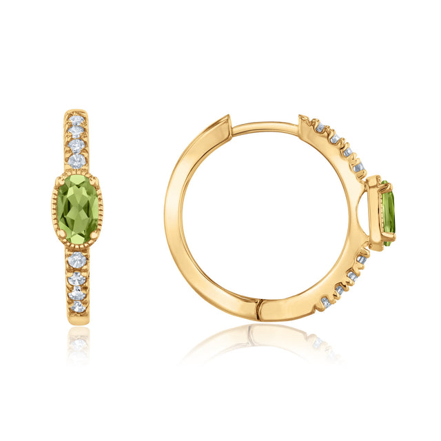 Peridot and 1/6ctw Diamond Yellow Gold Huggie Hoop Earrings