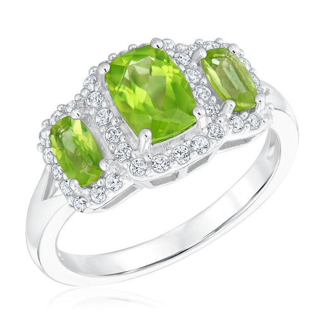 Peridot and Created White Sapphire Sterling Silver Three-Stone Ring