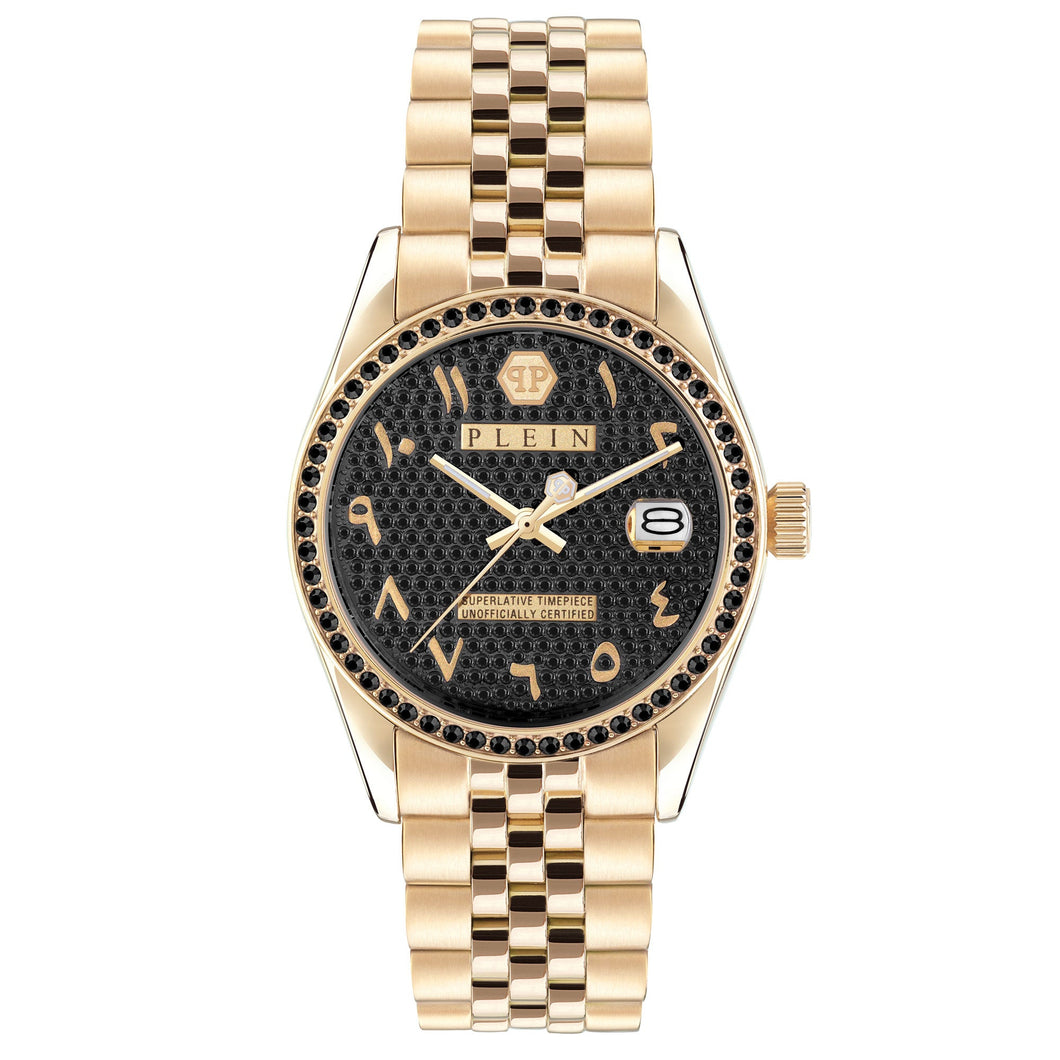 Philipp Plein Date Superlative Ara Black Crystal Accent and Ion-Plated Yellow Gold Bracelet Watch | 34mm | PWYAA0923