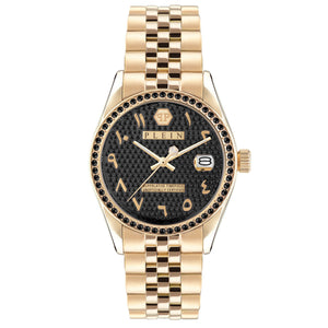 Philipp Plein Date Superlative Ara Black Crystal Accent and Ion-Plated Yellow Gold Bracelet Watch | 34mm | PWYAA0923
