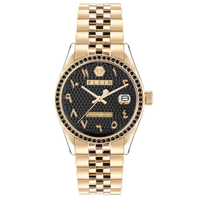 Philipp Plein Date Superlative Ara Black Crystal Accent and Ion-Plated Yellow Gold Bracelet Watch | 34mm | PWYAA0923