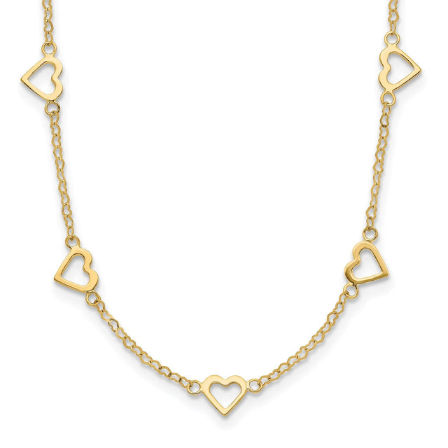 Polished Yellow Gold Open Hearts Station Link Necklace | 18 Inches