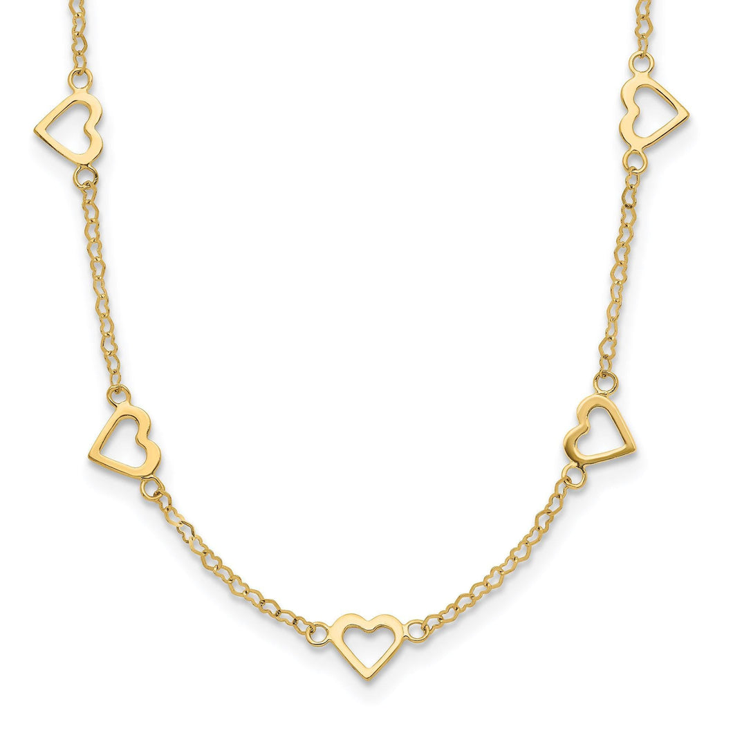 Polished Yellow Gold Open Hearts Station Link Necklace | 18 Inches