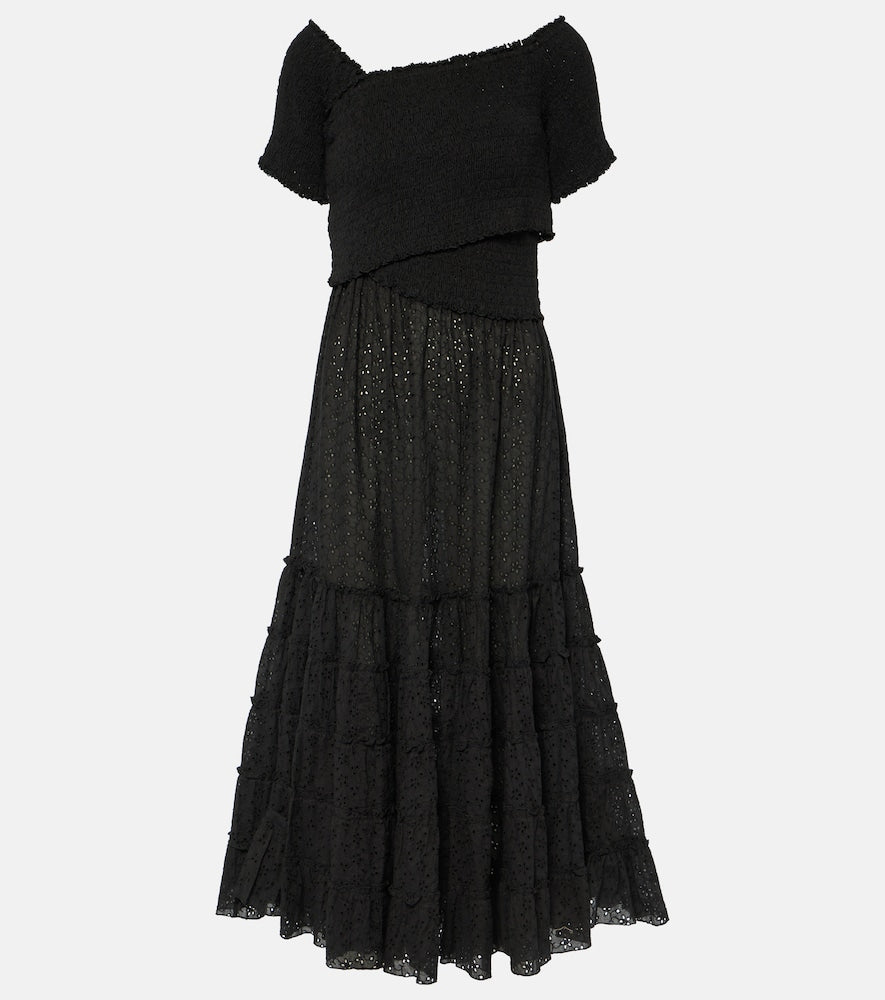 Poupette St Barth Soledad smocked cotton midi dress. Poupette St Barth Soledad 褶皱棉质中长连衣裙