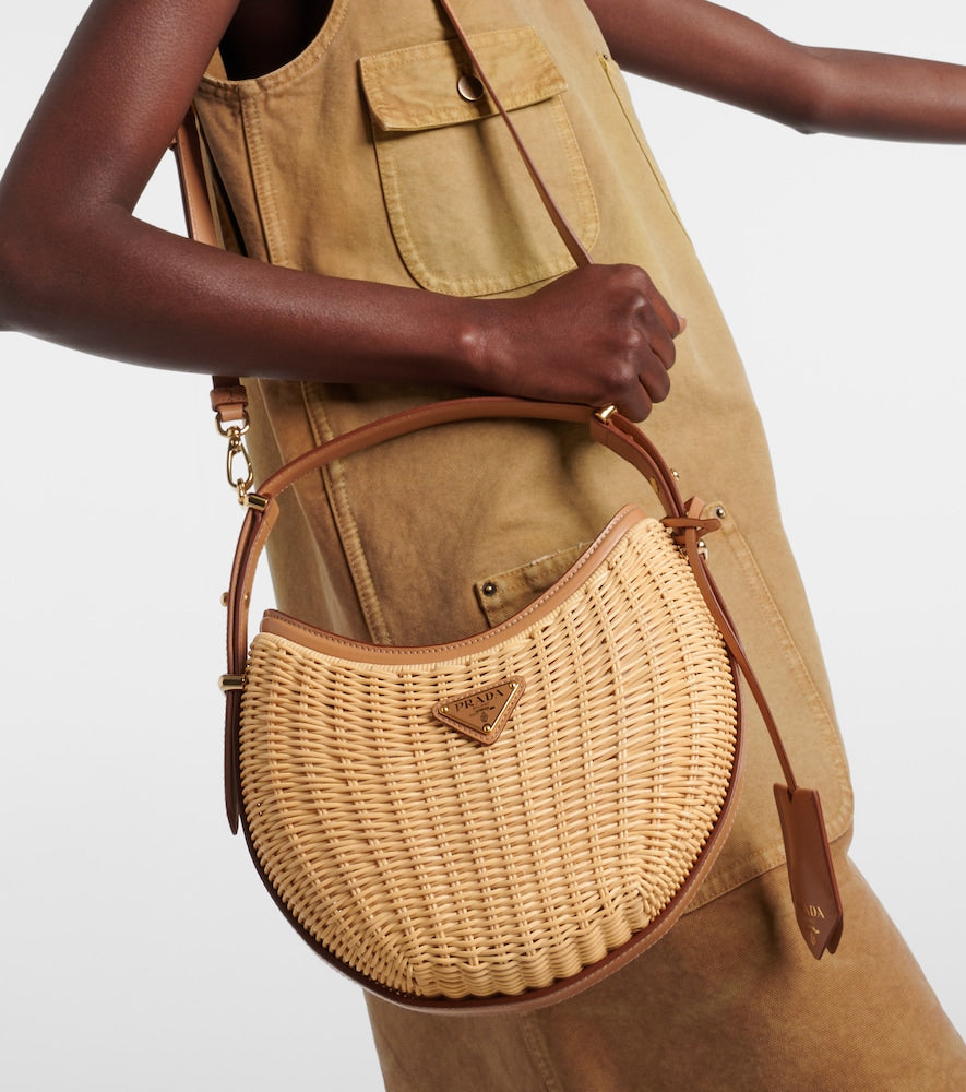 Prada Arqu√É¬© woven leather-trimmed shoulder bag