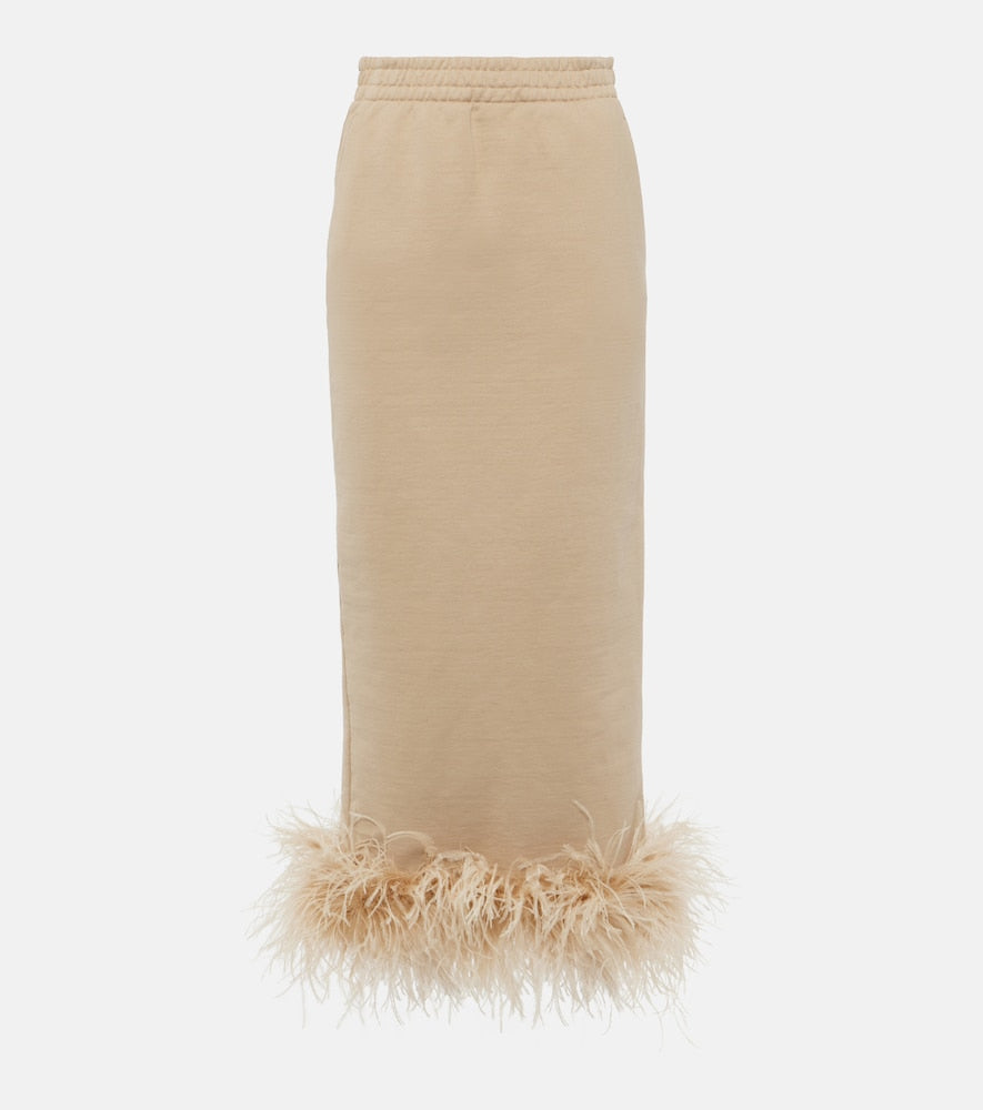 Prada Feather-trimmed cotton midi skirt - Prada羽毛饰边棉质中长裙