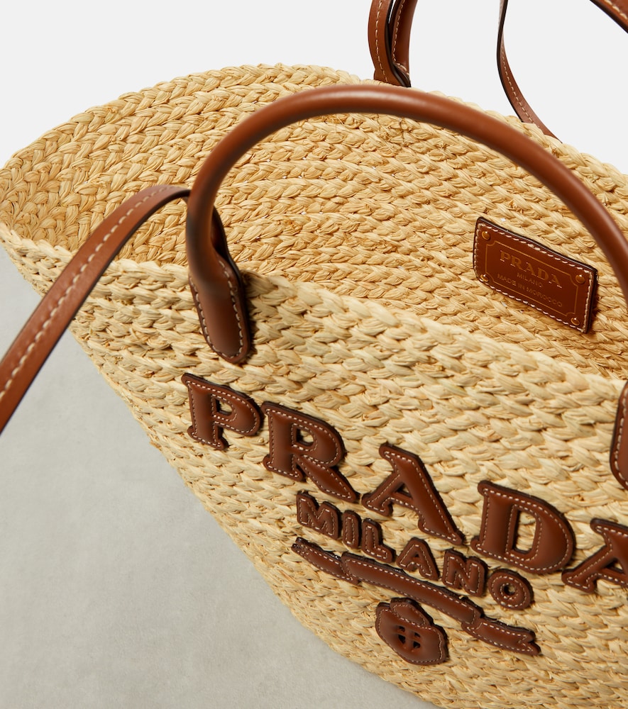 Prada Logo leather-trimmed raffia basket bag