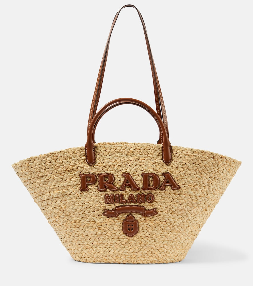 Prada Logo leather-trimmed raffia basket bag - Prada Logo 皮革饰边拉菲草编织篮包