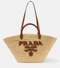 Prada Logo leather-trimmed raffia basket bag - Prada Logo 皮革饰边拉菲草编织篮包