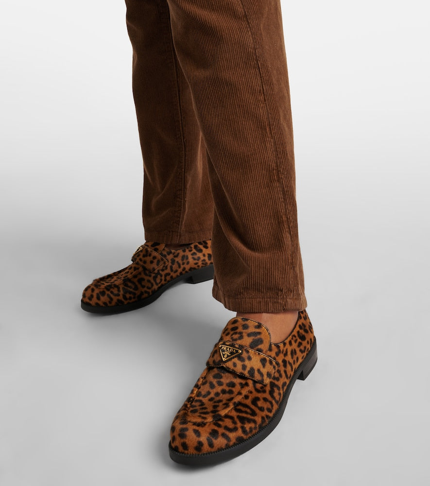 Prada Logo leopard-print calf hair loafers