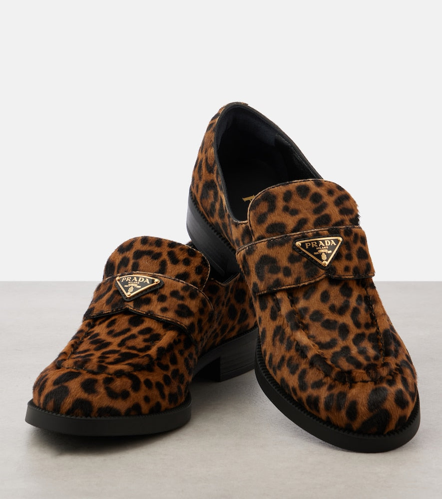 Prada Logo leopard-print calf hair loafers
