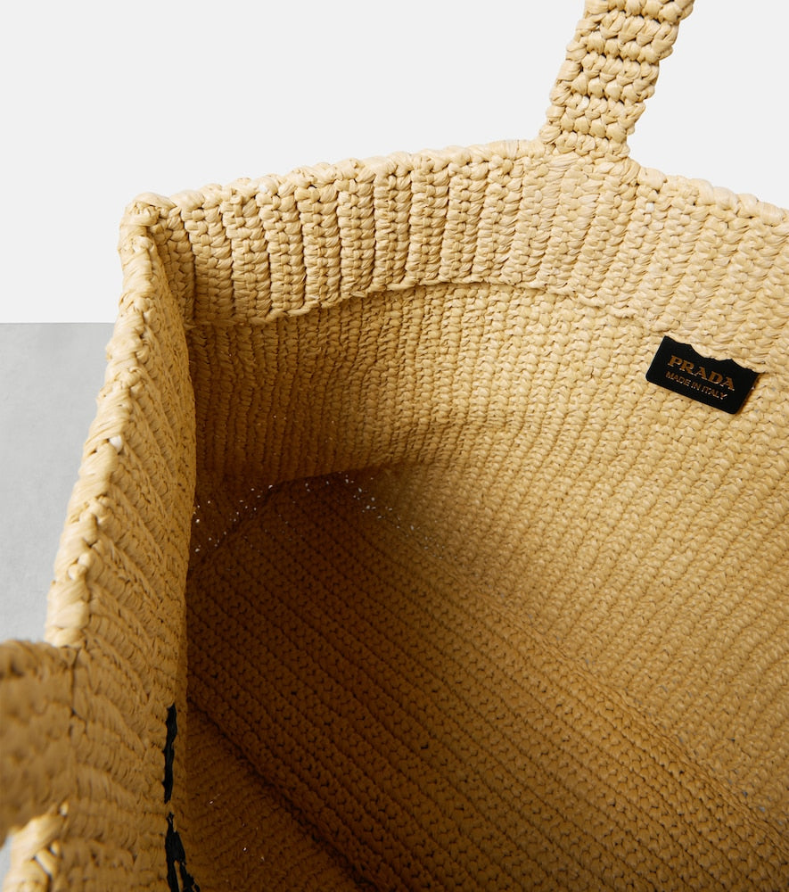 Prada Medium logo raffia tote
