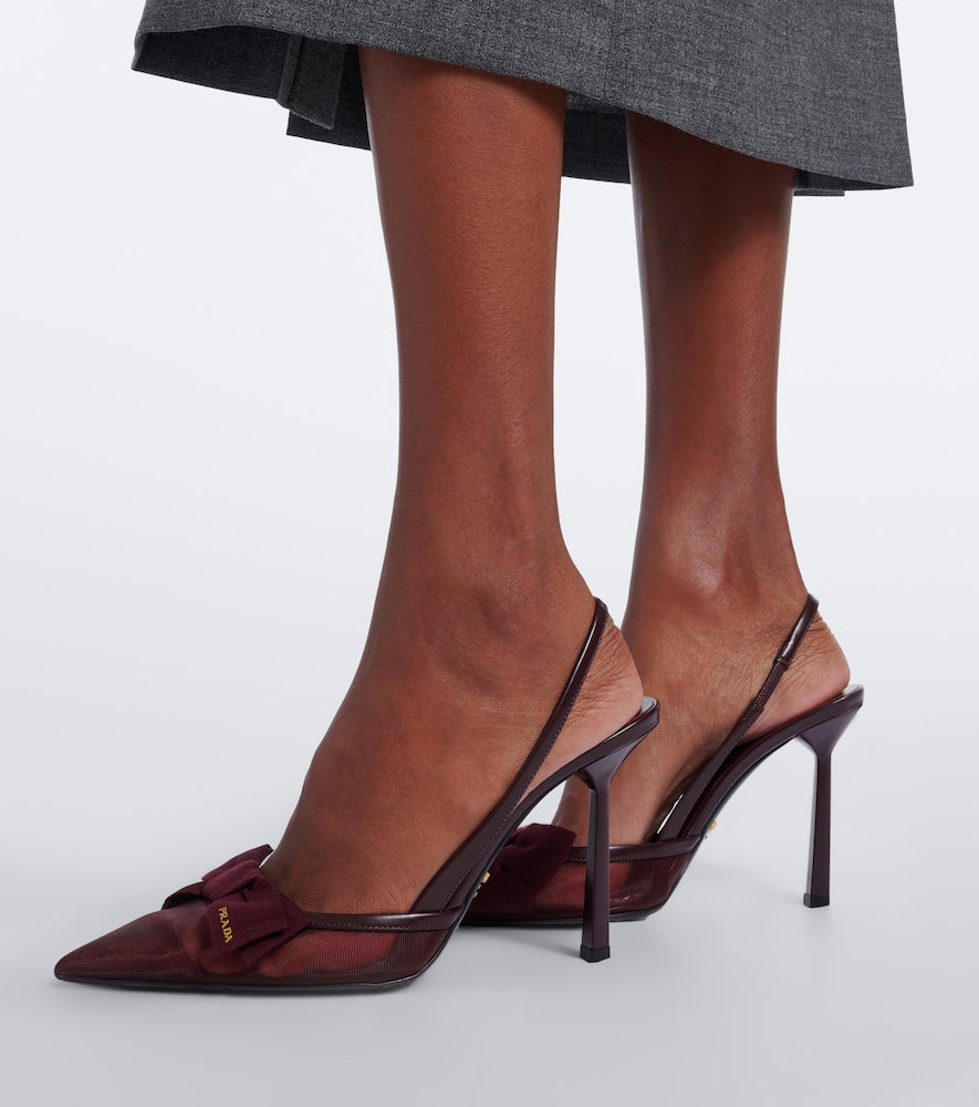 Prada Bow-detail mesh slingback pumps - Burgundy High-Heel Pumps