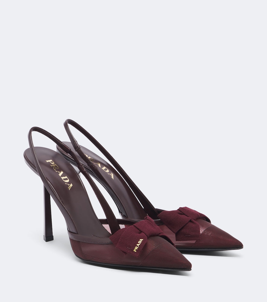 Prada Bow-detail mesh slingback pumps - Burgundy High-Heel Pumps