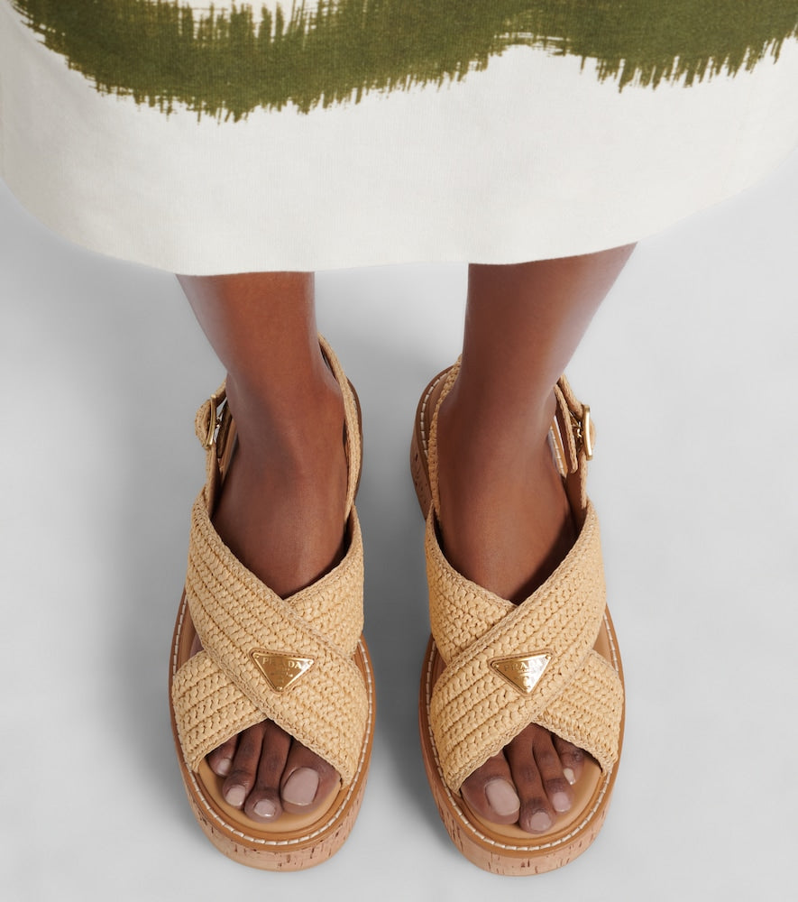 Beige Prada Crochet raffia-effect slingback sandals - Flat Sandals