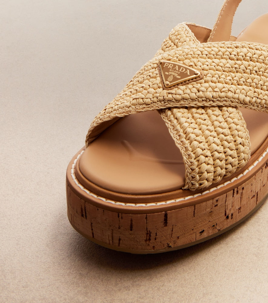 Beige Prada Crochet raffia-effect slingback sandals - Flat Sandals