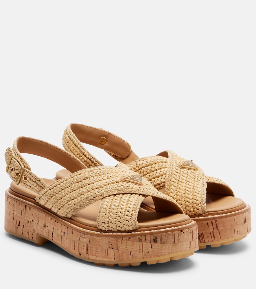 Beige Prada Crochet raffia-effect slingback sandals - Flat Sandals