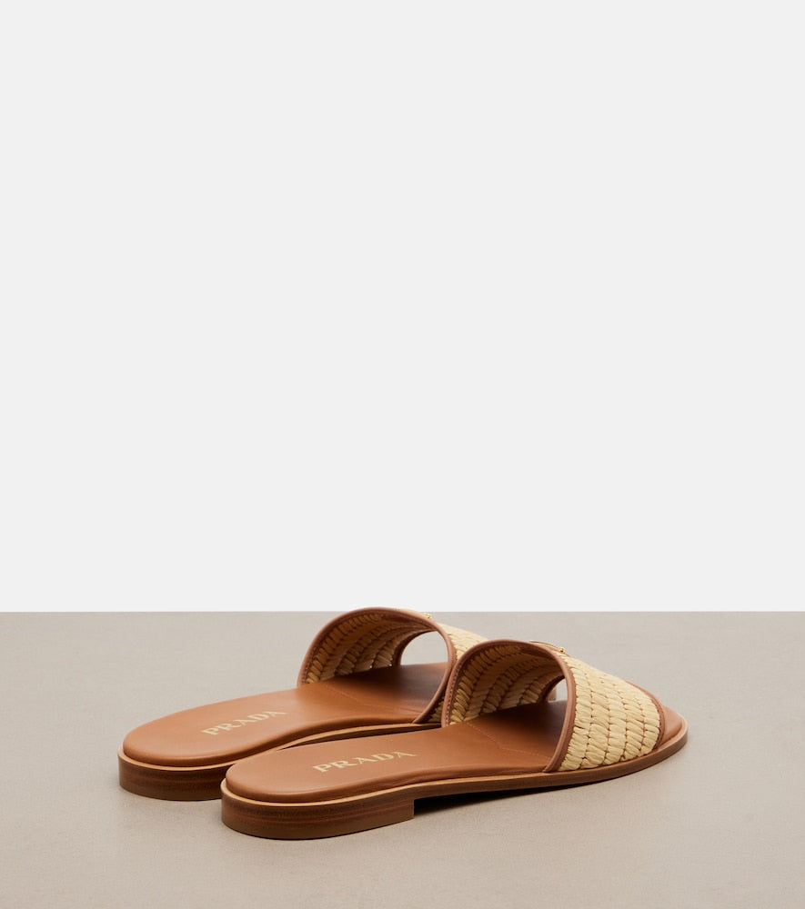 Prada Leather and raffia slides (Beige) - Slides