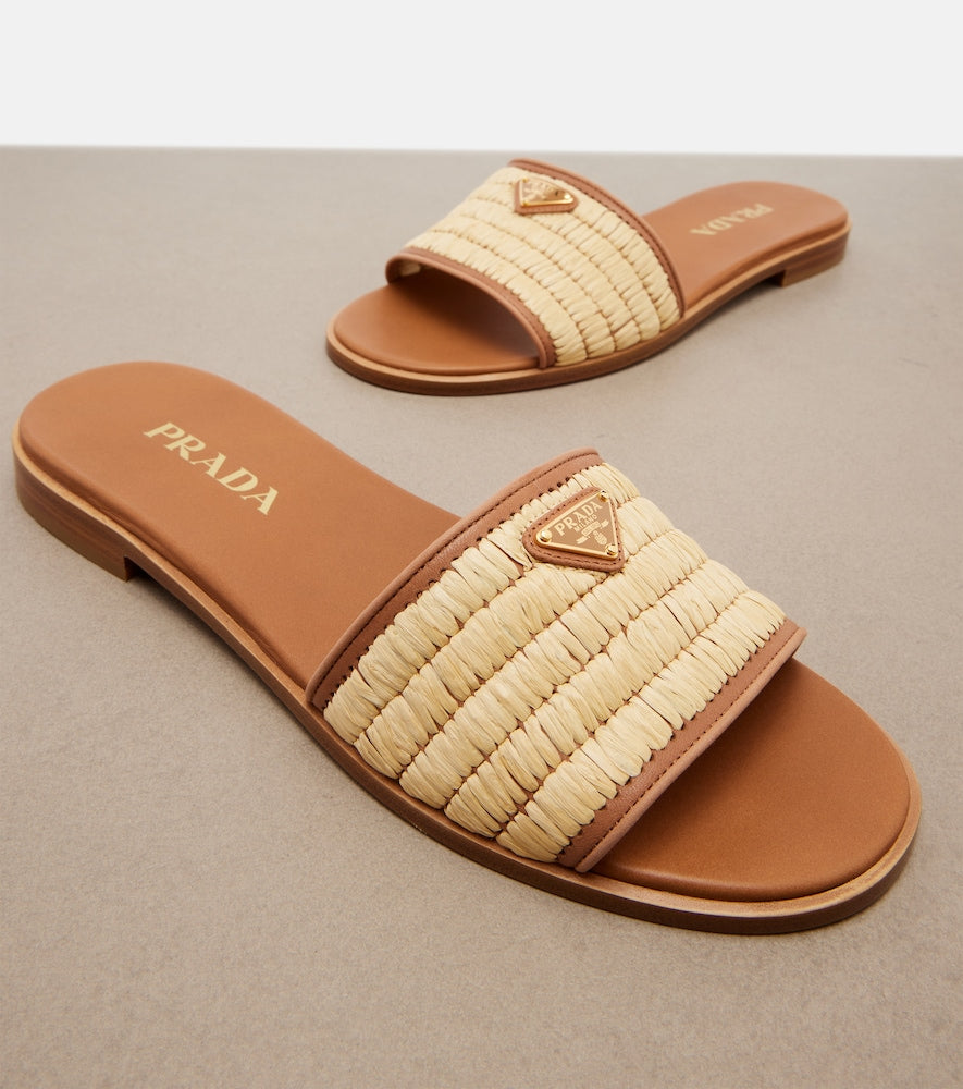 Prada Leather and raffia slides (Beige) - Slides