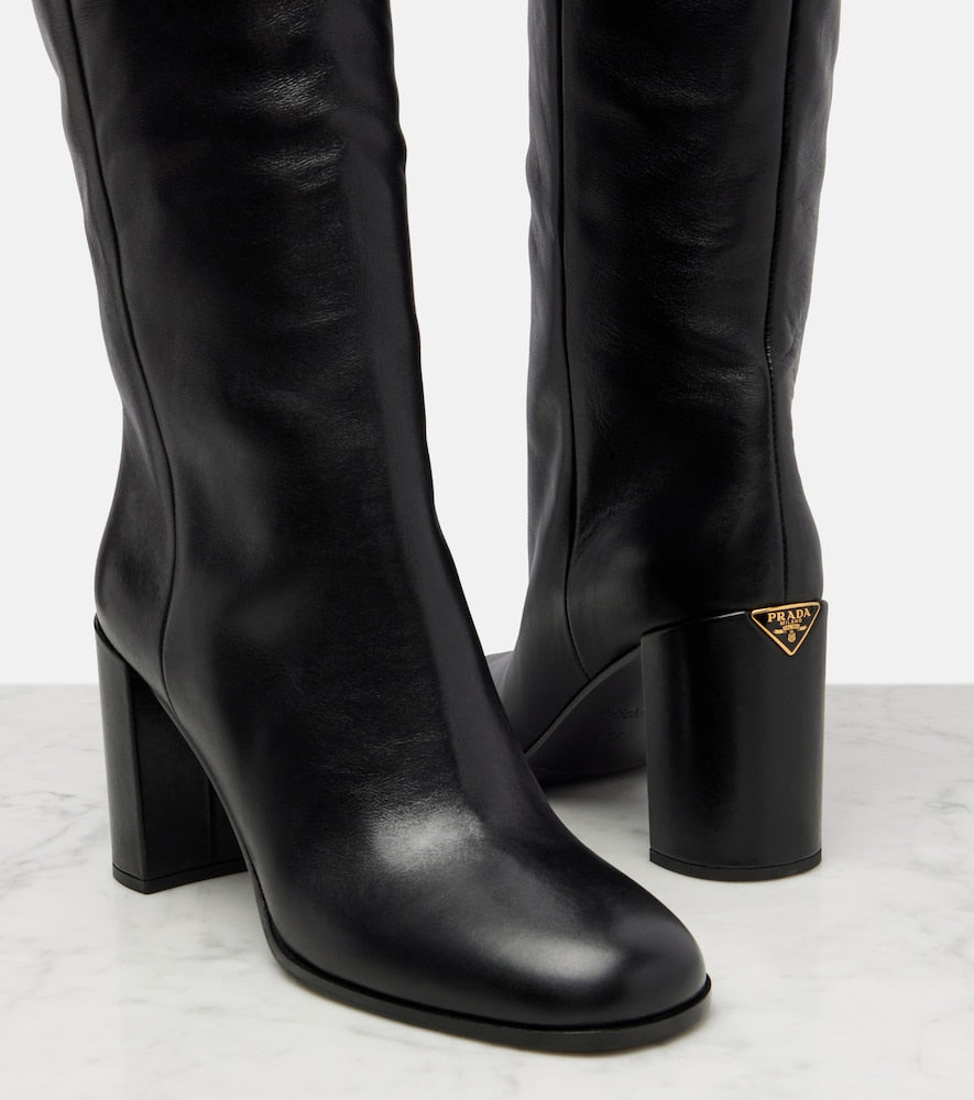 Black Prada Leather knee-high boots - Mid Heel Boots